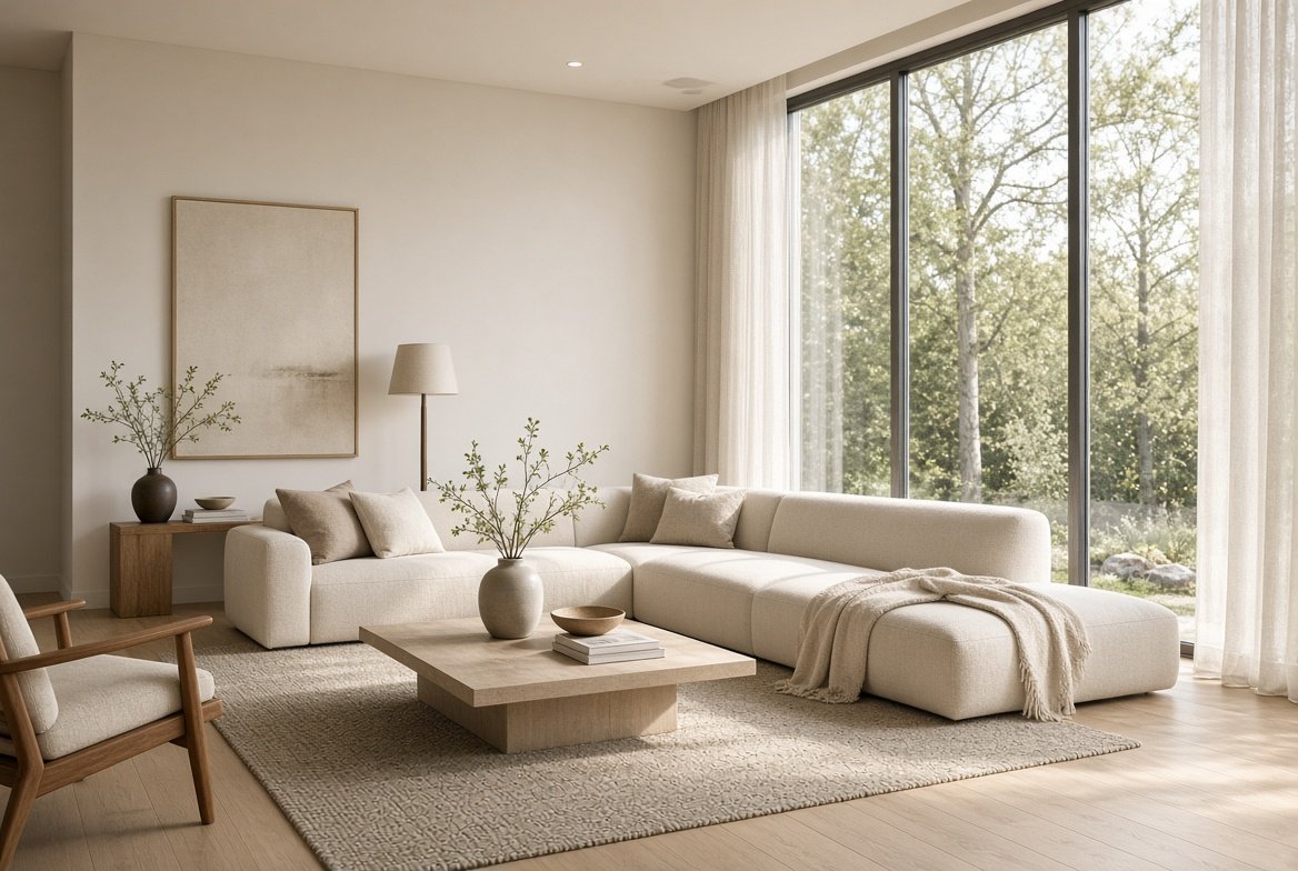Bright minimalist living room with beige sofa, large windows, and simple decor