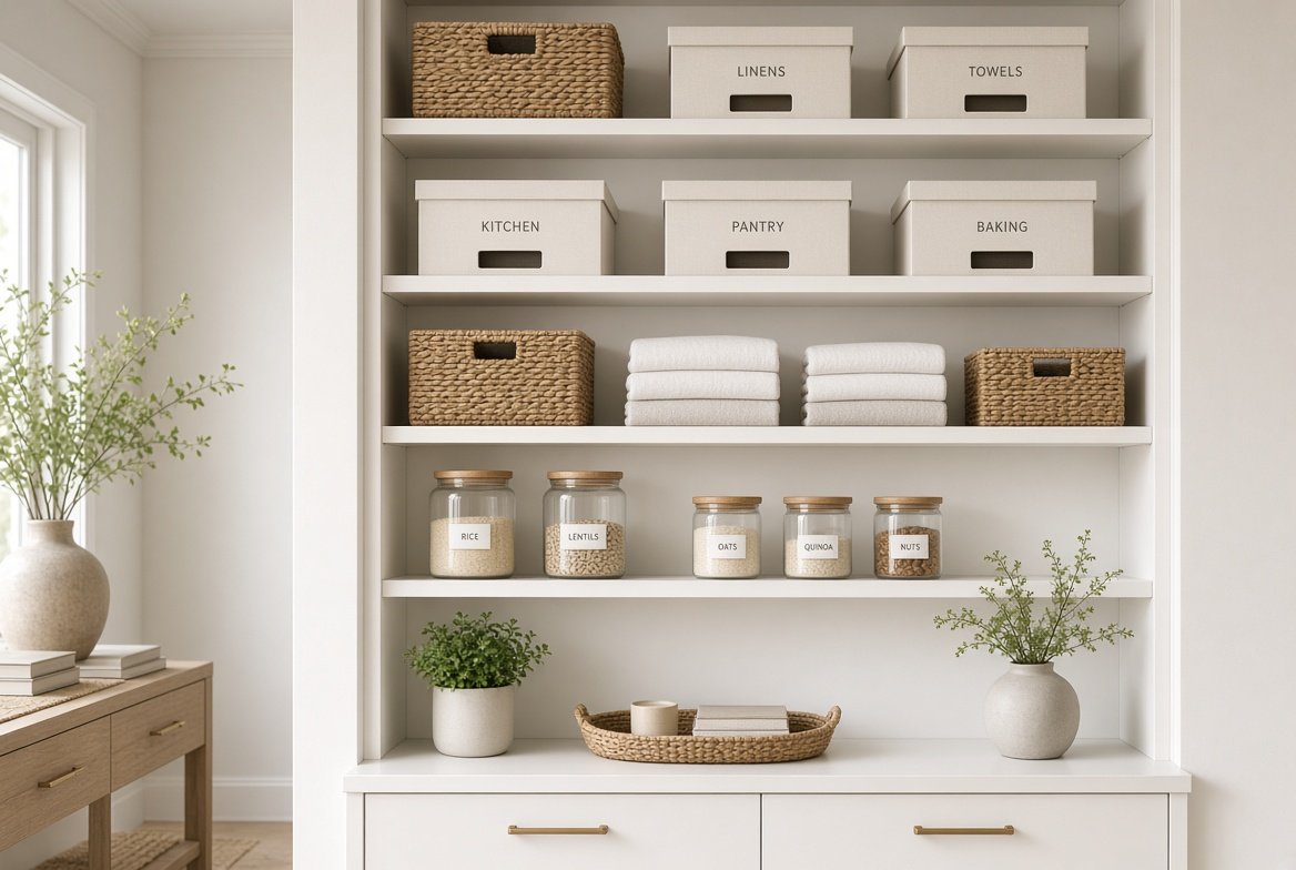 Neatly organized white shelves with labeled baskets, storage boxes, and glass jars.