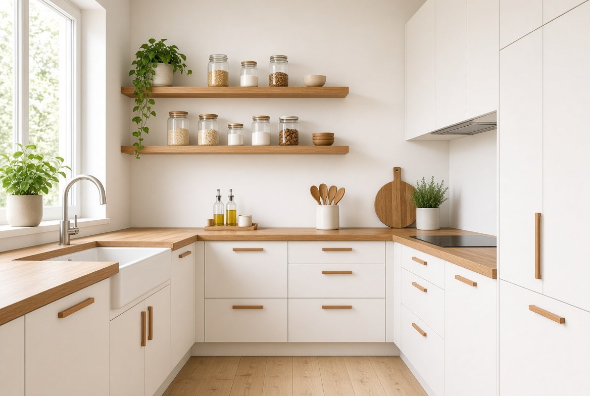 Minimalist white kitchen with wooden countertops and organized glass jars on open shelves.